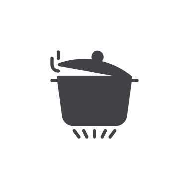 Gaz açık kapak ile tavada simge vektör soba, düz işareti, üzerinde beyaz izole katı piktogram dolu. Mutfak üzerinde tencere kaynar sembolü, logo illüstrasyon soba.