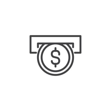 Yuvası dolar sikke satırı simgesi, anahat vektör işareti, üzerinde beyaz izole doğrusal stil piktogram. Sembol, logo illüstrasyon. Düzenlenebilir kontur