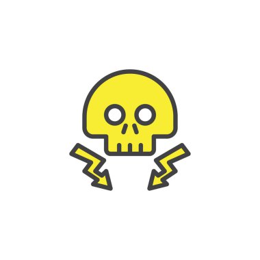 Yüksek gerilim ölüm kafatası yıldırım ışın ile dolu anahat simgesini, çizgi vektör işareti, üzerinde beyaz izole doğrusal renkli sembol. Tehlike elektrik sembolü, logo illüstrasyon