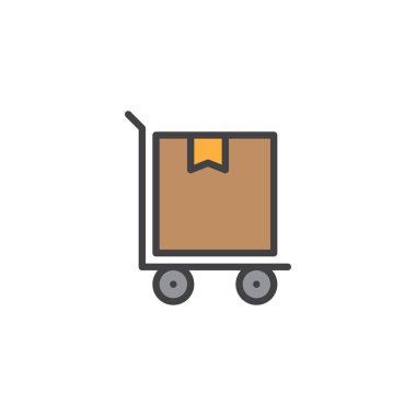 El arabası karton kutu ile doldurulmuş anahat simgesini, çizgi vektör işareti, üzerinde beyaz izole doğrusal renkli sembol. Parsel kutuları teslim sembolü, logo illüstrasyon. Piksel mükemmel vektör grafikleri