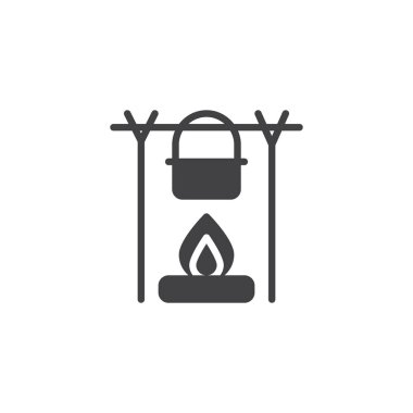 Simge vektör, kamp ateşi ve su ısıtıcısı düz işareti, üzerinde beyaz izole katı piktogram dolu. Kamp ateşi sembolü, logo illüstrasyon üzerinde pot.