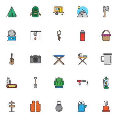 Kamp doldurulmuş anahat simgelerini belirlemek, çizgi vektör simgesi toplama, doğrusal renkli piktogram paketi. İşaretler, logo illüstrasyon, kürek, kamp karavan, termos şişme bot olarak simgeler içerir