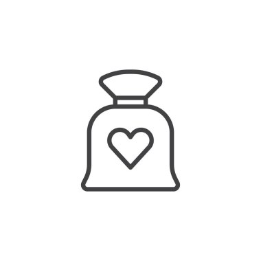 Aşk kalp satırı simgesi ile çanta, vektör işareti, anahat üzerinde beyaz izole doğrusal stil piktogram. Sevgililer günü sembolü, logo illüstrasyon. Düzenlenebilir kontur