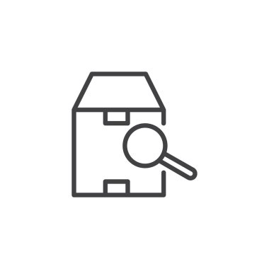 Arama parsel kutusu satırı simgesi, vektör işareti, anahat üzerinde beyaz izole doğrusal stil piktogram. Paketi teslim sembolü, logo illüstrasyon izleme. Düzenlenebilir kontur