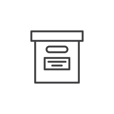 Office dosya kutusu satırı simgesi, anahat vektör işareti üzerinde beyaz izole doğrusal stil piktogram. Arşiv kutusu sembolü, logo illüstrasyon. Düzenlenebilir kontur