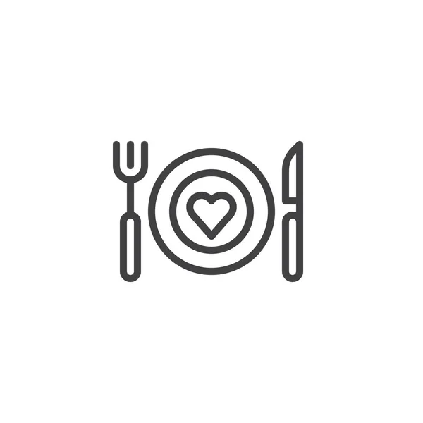 浪漫的晚餐线图标 轮廓矢量符号 线性风格的象形文字隔离在白色 板材用叉子刀叉 标志插图 可编辑笔画 — 图库矢量图片