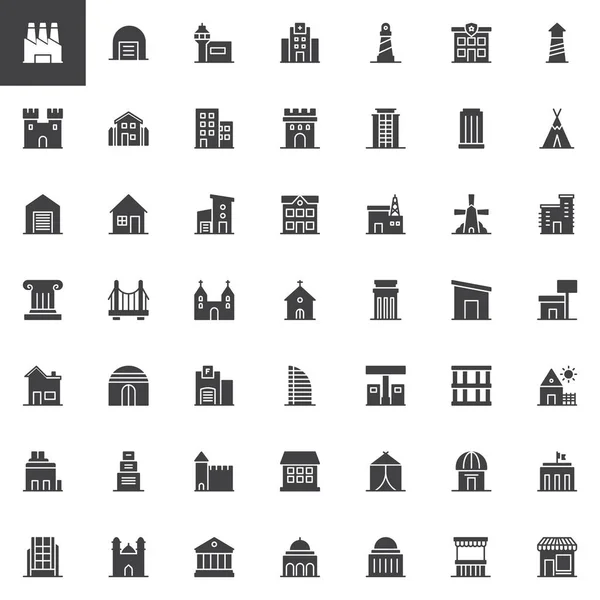 Zestaw Ikon Wektorowych Budynków Nowoczesny Symbol Stałej Kolekcji Wypełnione Stylu — Wektor stockowy