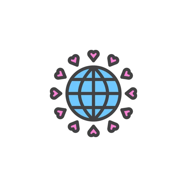 Планета Глобус Заполненной Сердцами Иконкой Контура Знаком Вектора Линии Линейной — стоковый вектор