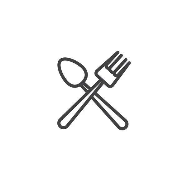 フォークしスプーンの交差線のアイコン ベクトル記号の概要線形スタイル ピクトグラム白で隔離 レストラン カトラリー器具記号 ロゴの図 編集可能なストローク — ストックベクタ