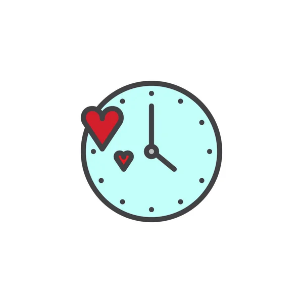 Wall Clock Face Red Hearts Filled Outline Icon Line Vector — Stock Vector