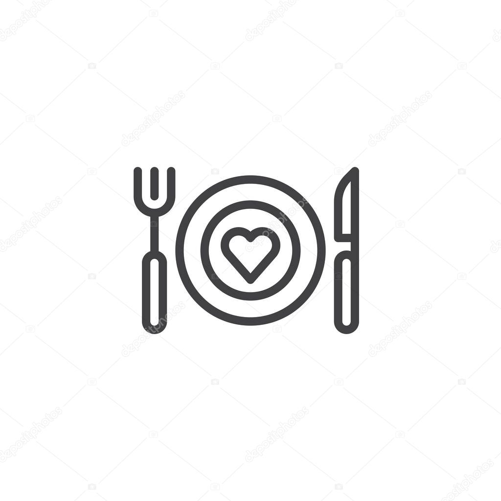 Romantic dinner line icon, outline vector sign, linear style pictogram isolated on white. Plate with fork knife and heart symbol, logo illustration. Editable stroke
