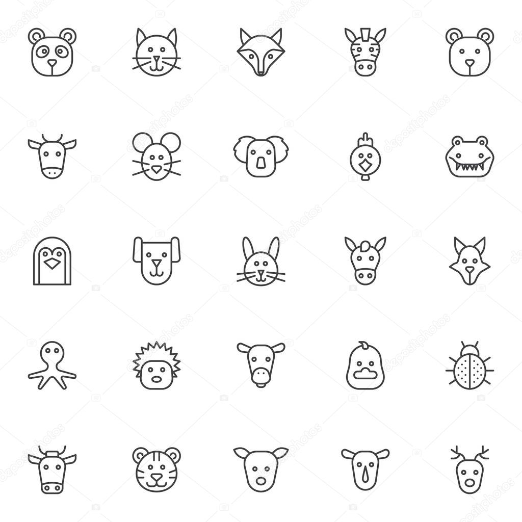 Animals outline icons set. linear style symbols collection, line signs pack. vector graphics. Set includes icons as panda head, cat, fox, zebra, bear, cow, mouse, koala, hen bird crocodile penguin