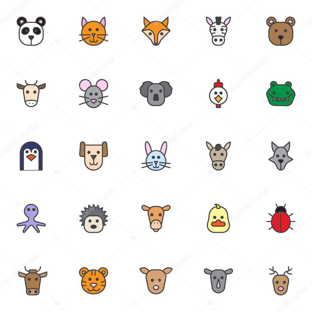 Animals filled outline icons set, line vector symbol collection, linear colorful pictogram pack. Signs, logo illustration, Set includes icons as panda head, cat, fox, zebra, bear, cow, mouse, koala