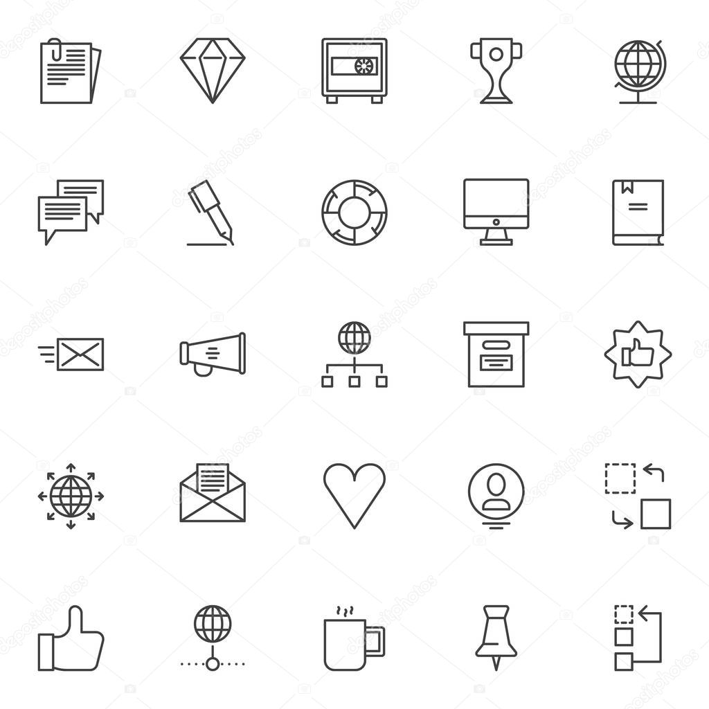 Universal business outline icons set. linear style symbols collection, line signs pack. vector graphics. Set includes icons as Document paper clip, Diamond, Safebox, Trophy cup