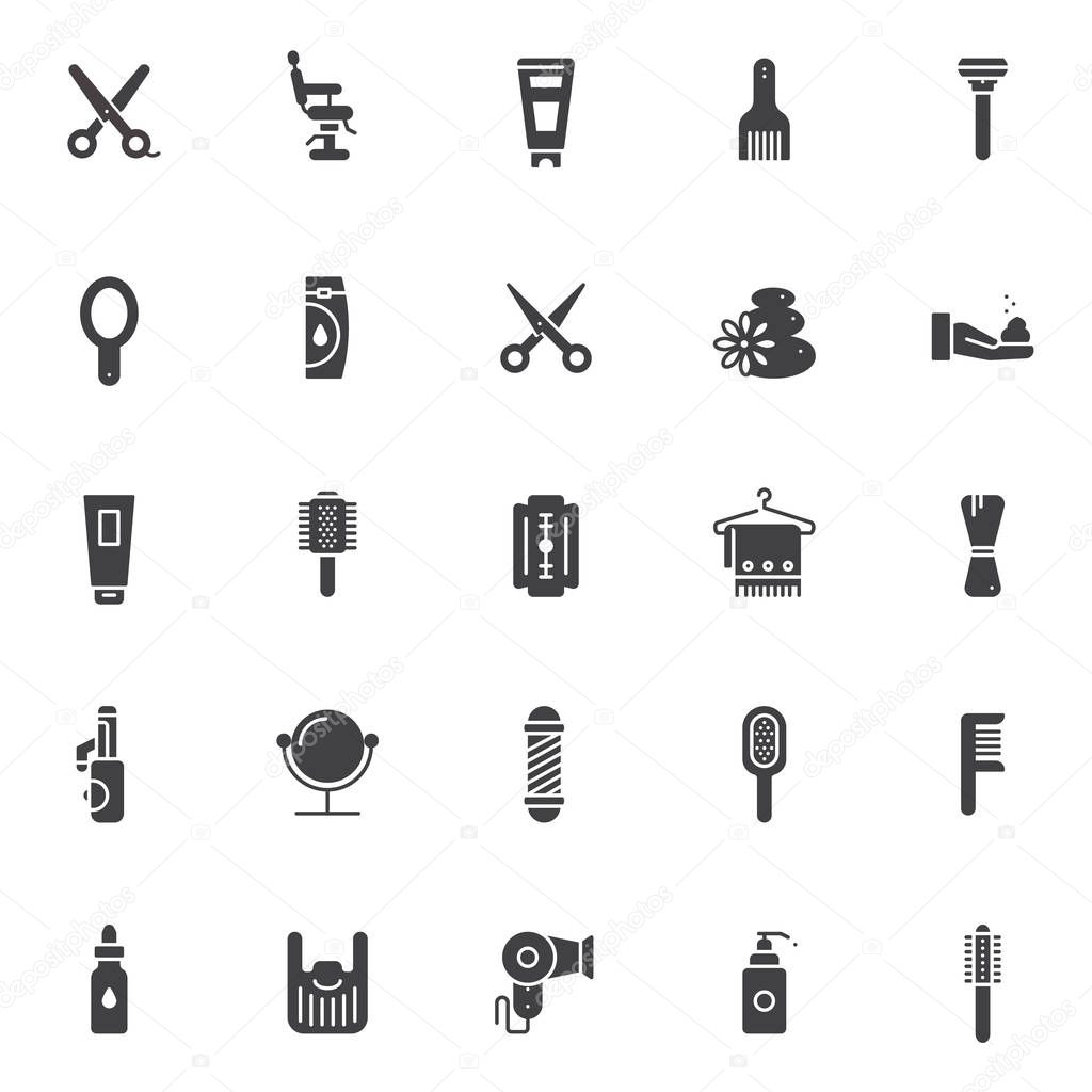 Barber accessories vector icons set, modern solid symbol collection, filled pictogram pack. Signs, logo illustration. Set includes icons as scissors, barber shop chair, hairbrush, razor, hand mirror