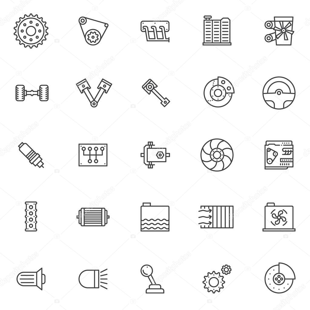 Car Engine outline icons set. linear style symbols collection, line signs pack. vector graphics. Set includes icons as Gear, Belt drive, Car exhaust manifold, radiator