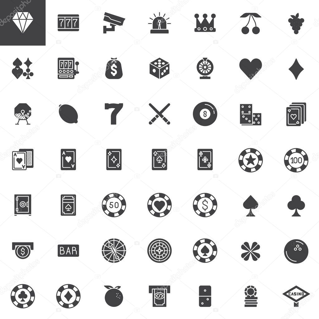 Casino and gambling vector icons set, modern solid symbol collection, filled style pictogram pack. Signs, logo illustration. Set includes icons as roulette, chip, clover, spade, heart, domino, cards