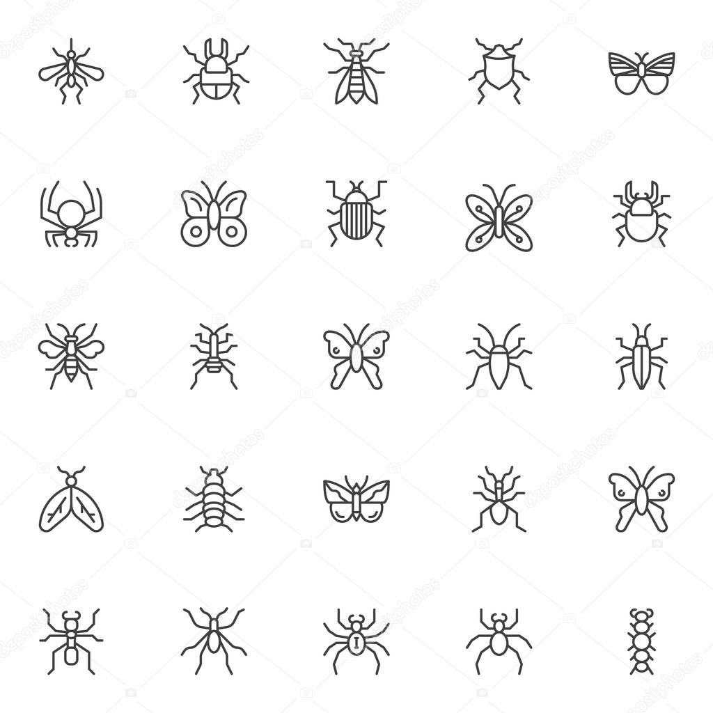 Spring insects and bugs outline icons set. linear style symbols collection, line signs pack. vector graphics. Set includes icons as mosquito, butterfly, bed bug, moth, caterpillar