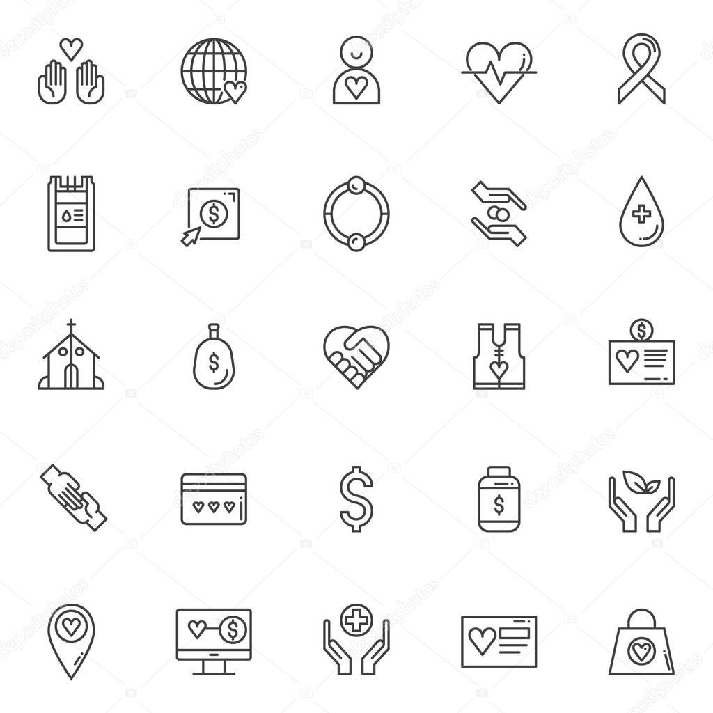Charity outline icons set. linear style symbols collection, line signs pack. vector graphics. Set includes icons as Donation hands with heart, Earth globe with heart, Donor, Cancer award ribbon