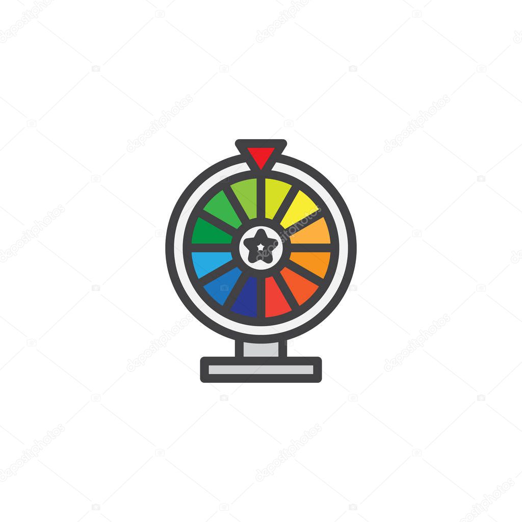 Lottery wheel filled outline icon, line vector sign, linear colorful pictogram isolated on white. Casino roulette symbol, logo illustration. Pixel perfect vector graphics
