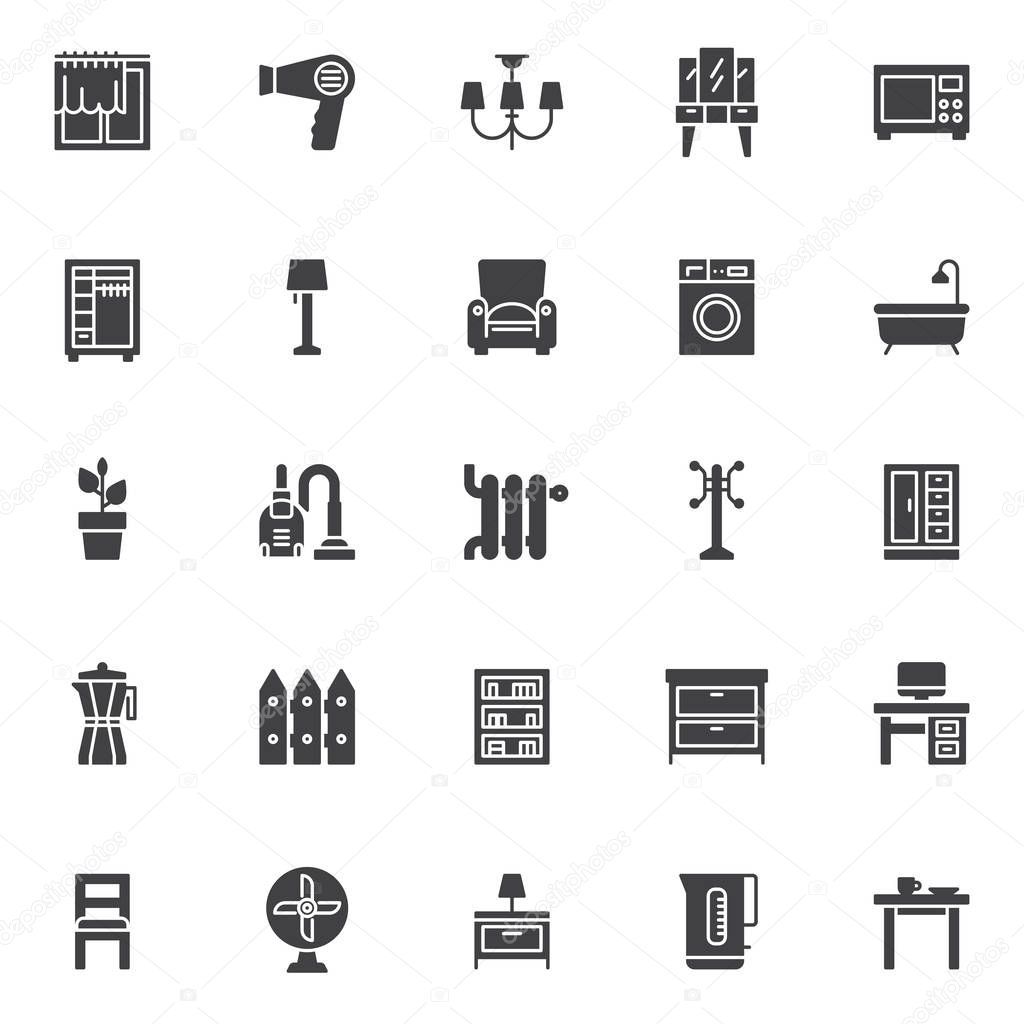 Home accessories vector icons set, modern solid symbol collection, filled style pictogram pack. Signs logo illustration. Set includes icons as window curtain, hair dryer, chandeliers lights, microwave