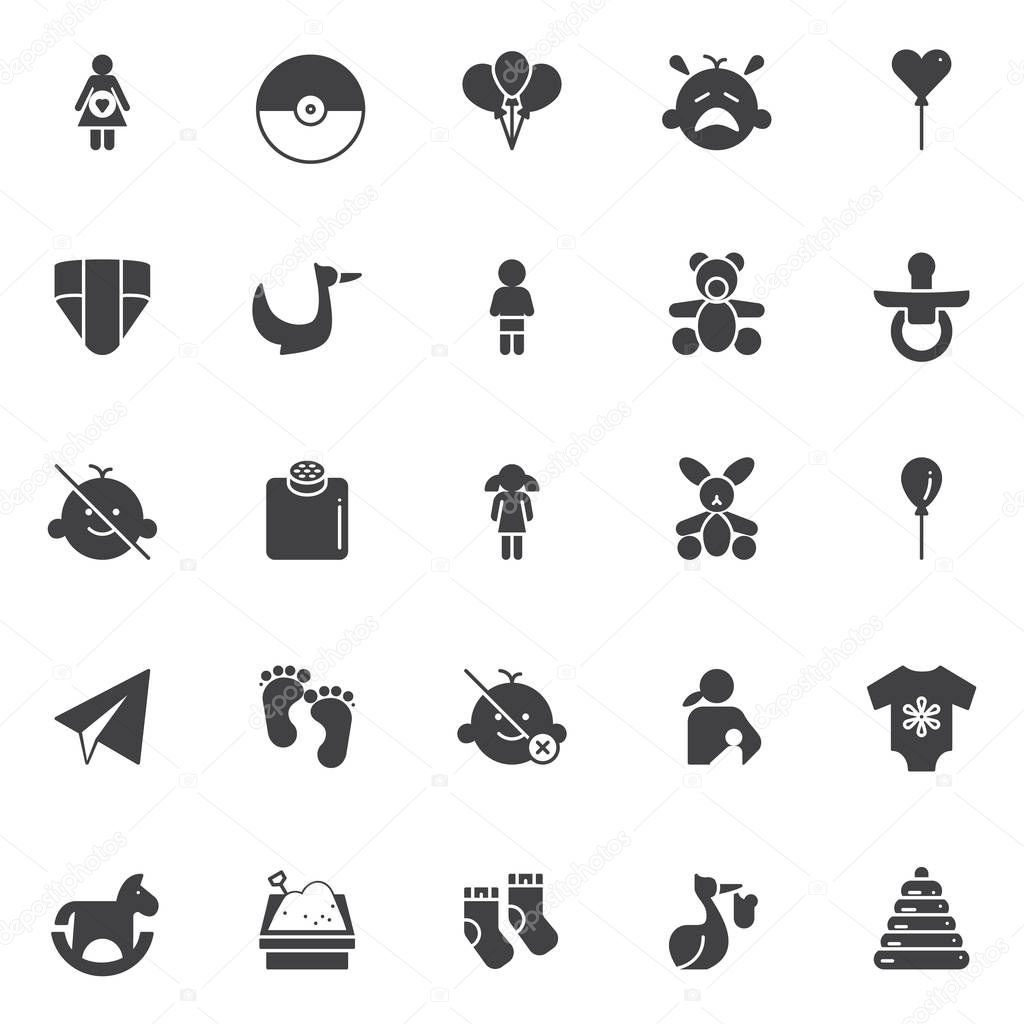Baby vector icons set, modern solid symbol collection, filled style pictogram pack. Signs, logo illustration. Set includes icons as pregnant, pokeball, party balloons, crying baby, flying stork, nappy
