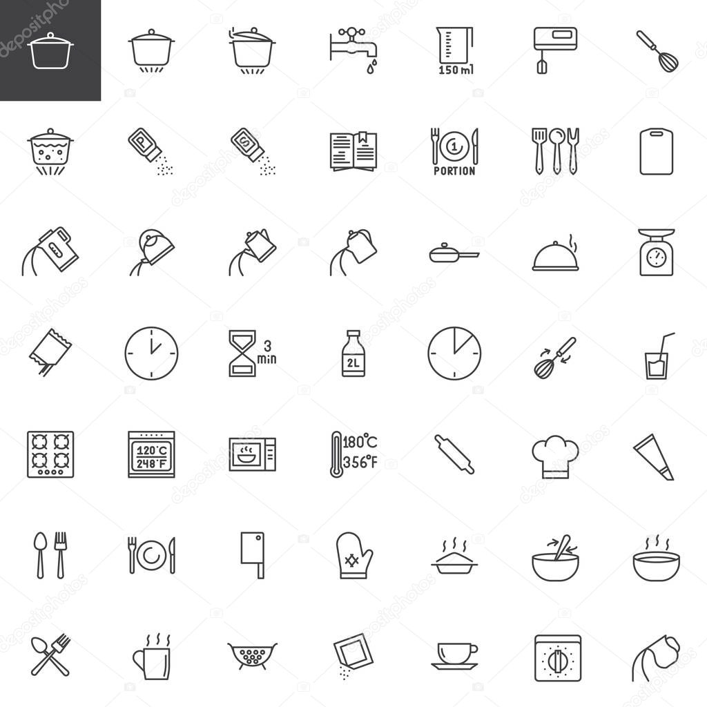 Cooking instructions line icons set, outline vector symbol collection, linear style pictogram pack. Signs, logo illustration. Set includes icons as cooking utensils, pan, pot, stove, kettle, oven