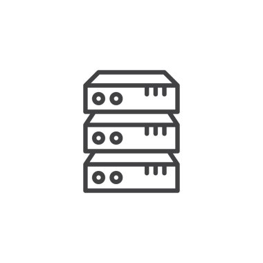 Bilgisayar sunucu satırı simgesi, anahat vektör işareti üzerinde beyaz izole doğrusal stil piktogram. Veri Merkezi simgesi, logo illüstrasyon. Düzenlenebilir kontur