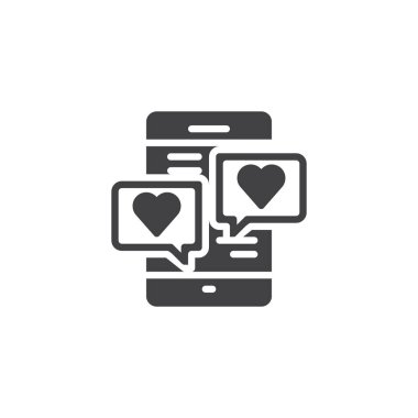 Hareket eden telefon ile aşk sohbet simge vektör, düz işareti, üzerinde beyaz izole katı piktogram dolu. Telefon ile kalpleri konuşma sembolü, logo illüstrasyon kabarcıklar.