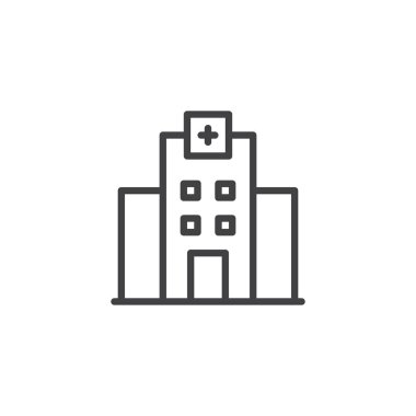 Hastane satırı simgesi, anahat vektör işareti üzerinde beyaz izole doğrusal stil piktogram. Tıbbi bina sembolü, logo illüstrasyon. Düzenlenebilir kontur