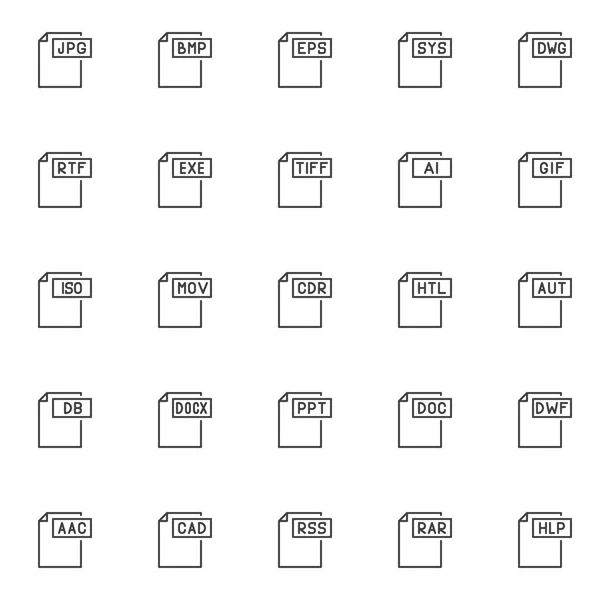 Computer file formats outline icons set. linear style symbols collection, line signs pack. vector graphics. Set includes icons as jpg format document, bmp , eps , sys , dwg , rtf , exe , tiff , gif — Stock Illustration Computer File Formats Outline Icons Set Linear Style Symbols Collection Vector Graphics