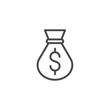 Para çantası anahat simgesi. Mobil kavramı ve web tasarım için doğrusal stili işaret. Doları para çuvalı basit çizgi vektör simgesi. Sembol, logo illüstrasyon. Piksel mükemmel vektör grafikleri