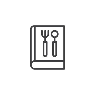 Çatal ve kaşık anahat simgesi ile rezervasyon yaptırın. Mobil kavramı ve web tasarım için doğrusal stili işaret. Yemek tarifleri kitabı basit çizgi vektör simgesi. Sembol, logo illüstrasyon. Piksel mükemmel vektör grafikleri