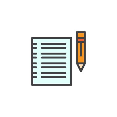Kağıt ve kalem anahat simgesini, çizgi vektör işareti, üzerinde beyaz izole doğrusal renkli sembol dolu. Form notları simgesi, logo illüstrasyon. Piksel mükemmel vektör grafikleri