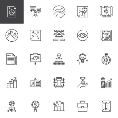 Evrensel iş anahat simgelerini belirlemek. Doğrusal stil semboller koleksiyonu, hat paketi imzalar. vektör grafikleri. Rapor, iletişim, büyüme, Analytics, ekip çalışması, strateji, planlama simgeler içerir