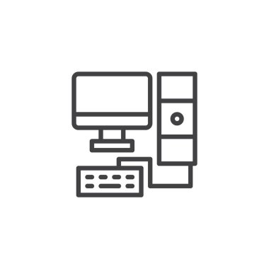 Masaüstü bilgisayar anahat simgesi. Mobil kavramı ve web tasarım için doğrusal stili işaret. Bilgisayar ekranı ve klavye basit çizgi vektör simgesi. PC simge, logo illüstrasyon. Piksel mükemmel vektör grafikleri