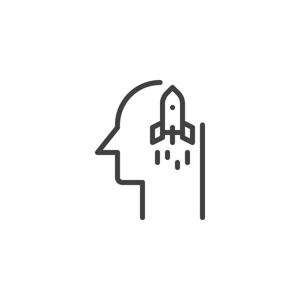 Запуск ракеты в контур человеческой головы значок. Знак стиля для мобильной концепции и веб-дизайна. Креативное мышление простой линейный вектор иконки. Символ, иллюстрация логотипа. Пиксельная идеальная векторная графика
