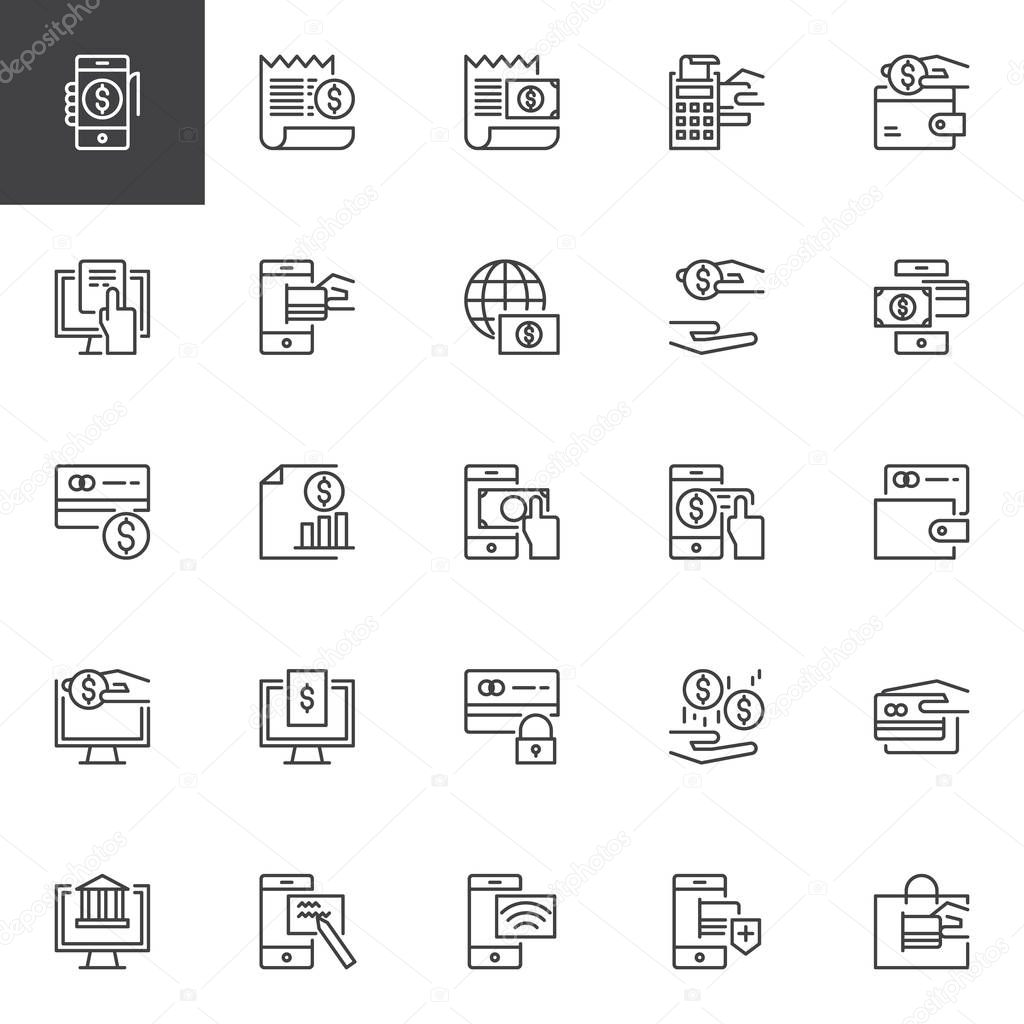 Payment methods outline icons set. linear style symbols collection, line signs pack. vector graphics. Set includes icons as profits, wallet, money, banking, transaction, credit card, shopping