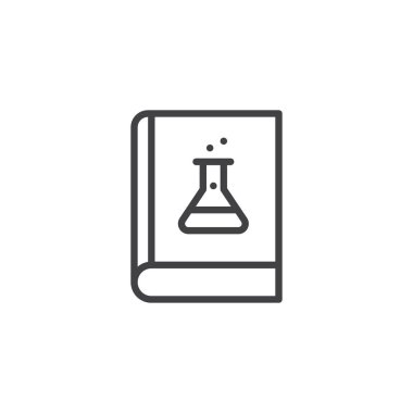 Kimyasal şişesi anahat simgesi ile rezervasyon yaptırın. Mobil kavramı ve web tasarım için doğrusal stili işaret. Kimya kitap basit çizgi vektör simgesi. Sembol, logo illüstrasyon. Piksel mükemmel vektör grafikleri