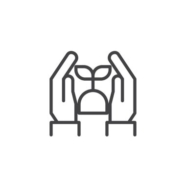 Toprak ve Filiz anahat simgesi olan insan eli. Mobil kavramı ve web tasarım için doğrusal stili işaret. Eller basit çizgi vektör simge toprağa ile taze bitki. Sembol, logo illüstrasyon