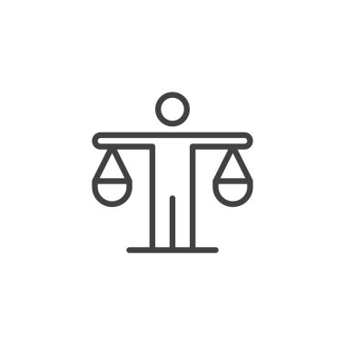 Adam ölçekler anahat simgesini tutuyor. Mobil kavramı ve web tasarım için doğrusal stili işaret. Verimlilik, karar basit çizgi vektör simgesi. Sembol, logo illüstrasyon. Piksel mükemmel vektör grafikleri