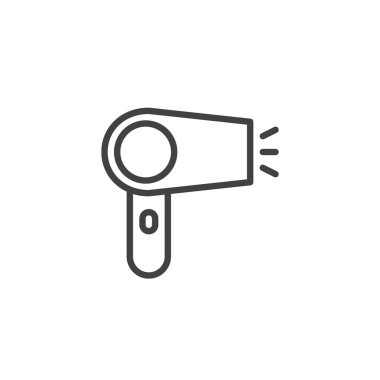 Saç kurutma makinesi anahat simgesi. Mobil kavramı ve web tasarım için doğrusal stili işaret. Kuaförlük araçlar basit çizgi vektör simgesi. Sembol, logo illüstrasyon. Piksel mükemmel vektör grafikleri