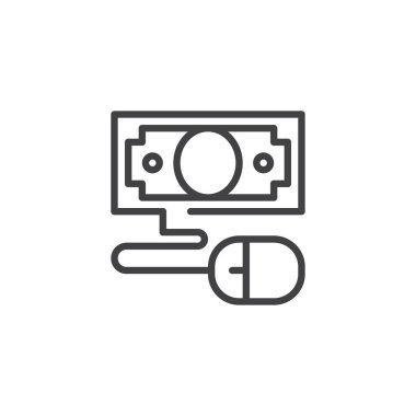 Ödeme anahat simgesini tıklatın. Mobil kavramı ve web tasarım için doğrusal stili işaret. Dolar para ve bilgisayar fare basit bir çizgi vektör simgesi. Sembol, logo illüstrasyon. Piksel mükemmel vektör grafikleri