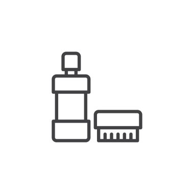 Deterjan şişesi ve temizlik fırça anahat simgesi. Mobil kavramı ve web tasarım için doğrusal stili işaret. Temizlik hizmeti basit çizgi vektör simgesi. Sembol, logo illüstrasyon. Piksel mükemmel vektör grafikleri