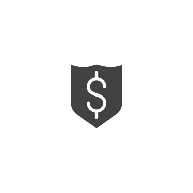 Doları kalkan vektör simgesi. Mobil kavramı ve web tasarım için düz işareti dolu. Para güvenlik koruma basit katı kutsal kişilerin resmi. Sembol, logo illüstrasyon. Piksel mükemmel vektör grafikleri