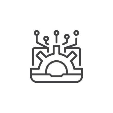 Dizüstü bilgisayar ve ağ ayarları simgesi anahat. Mobil kavramı ve web tasarım için doğrusal stili işaret. Bilgi teknolojisi basit çizgi vektör simgesi. Sembol, logo illüstrasyon. Piksel mükemmel vektör grafikleri