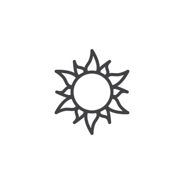 Yaz güneş anahat simgesi. Mobil kavramı ve web tasarım için doğrusal stili işaret. Sıcak güneşin basit çizgi vektör simgesi. Sembol, logo illüstrasyon. Piksel mükemmel vektör grafikleri