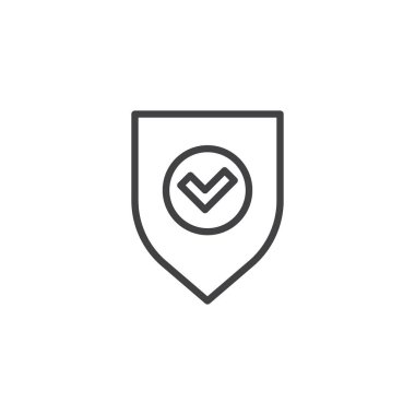 Kalkan ve onay işareti anahat simgesini. Mobil kavramı ve web tasarım için doğrusal stili işaret. Güvenli, kalkan korumalı basit çizgi vektör simgesi. Sembol, logo illüstrasyon. Piksel mükemmel vektör grafikleri