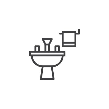 Lavabo anahat simgesi. Mobil kavramı ve web tasarım için doğrusal stili işaret. Lavabo ve havlu basit çizgi vektör simgesi. Sembol, logo illüstrasyon. Piksel mükemmel vektör grafikleri