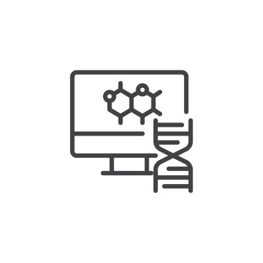 Molekül yapısı ve Dna anahat simgesini bilgisayar monitör. Mobil kavramı ve web tasarım için doğrusal stili işaret. Kimya bilim basit çizgi vektör simgesi. Sembol, logo illüstrasyon.